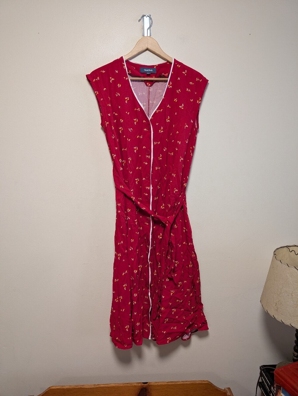 ModCloth Red Ditsy Floral Button Front Midi Dress Size 6 Cottagecore